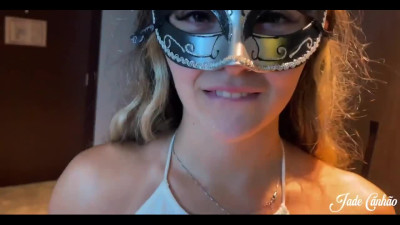Masked beauty takes throbbing cock in her mouth and sucks with eye contact