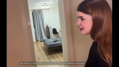 Sexy Busty Russian Porn-actress Lets a Computer Repairman Fuck Her Hard To Pay Him For a False Call