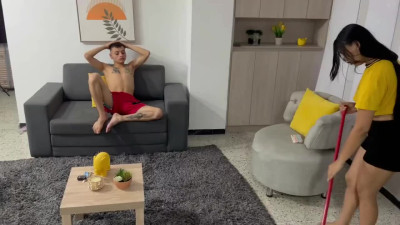Getting the step-bro's dick clean after cleaning up the house