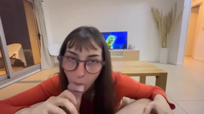 Goth Latina in glasses blows her boyfriend and takes it doggy style