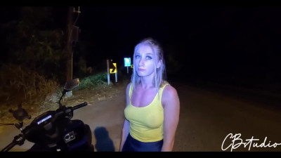 Russian slut passionately satisfied my big dick in public for fixing her motorcycle.