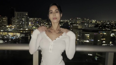 Fucked a busty teen on a balcony at night pov