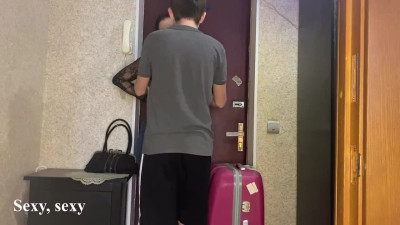 Horny step-mom returned from vacation and immediately was fucked by her step-son near the door
