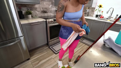 Ebony maid grabs BBC with her both hands and fucks in reverse