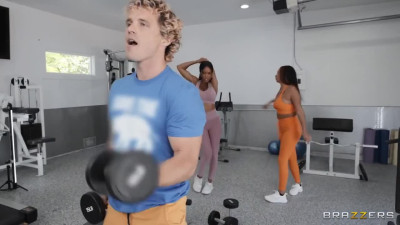 Interracial Gym threesome with busty dolls ended with cumshot