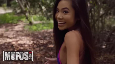 Extra small Asian model Vina Sky impaled on a big cock in public place