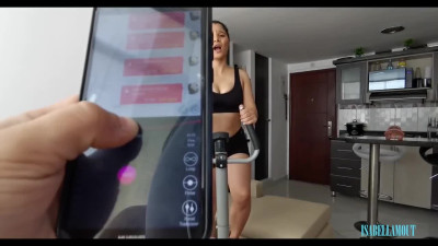 Girl tries to workout while roommate controls her pussy with remote toy