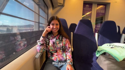 Naughty russian chick gives a spicy blowjob on public train