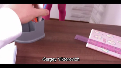 Russian student gets into teacher's pants to give him a blowjob and gets her pussy nailed.