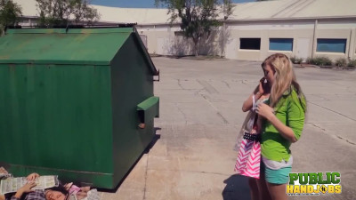 Public Handjobs Raquel Roper and Jessie Young Homeless Handjob