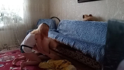 Pretty Slim Blonde Pegs Her Hubby With Strap-on On Finding Him Stuck In the Sofa
