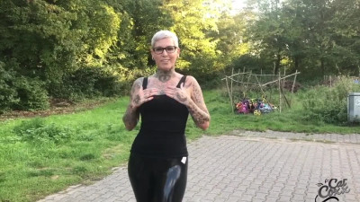 Inked Short-hair German MILF In Latex Leggings Pleases a Guy With BJ And Anal Sex On the Parking Lot
