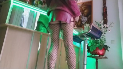 Girl in net stockings fucked her butt-hole with champagne cork