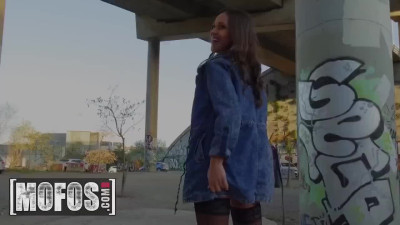 Girl in stockings gets cumshot on her tits after POV sex in Public