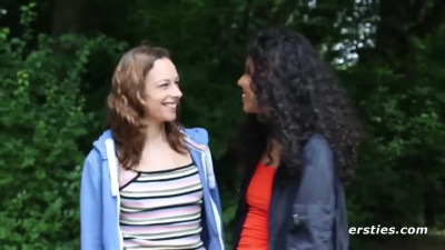 Pretty Curly Ebony And Her Pale-skin Slim GF Indulge In Their First Lesbian Sex In the Park