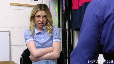 Naked blonde shoplifter sucks cop's dick and fucks in the backroom