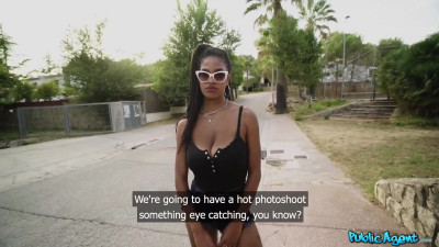 Dashing black babe is ready to swallow cum outdoors for a little cash