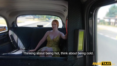 Redhead with milky tits receives cumshot on her cherry after taxi sex