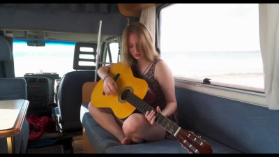 Pretty Blonde Teen In a Van Stops Playing Her Guitar To Play With Her Wet Pussy
