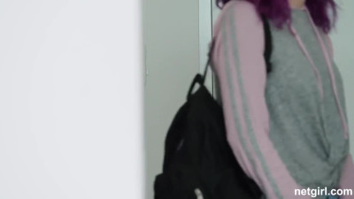 Tattooed babe with purple hair Scarlett has sex with two big cocks at the same time
