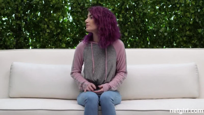 MMF casting for a petite purple-haired babe with a shaved pussy