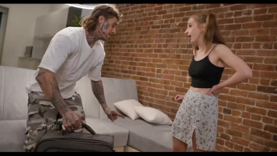 Inked teen gets upskirt fuck from her best friend