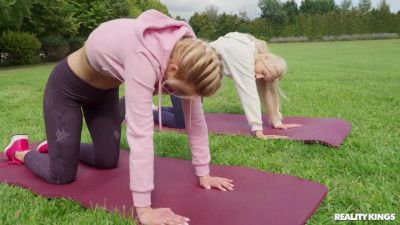 Blonde will need new yoga pants after that hot lesbian strapon session