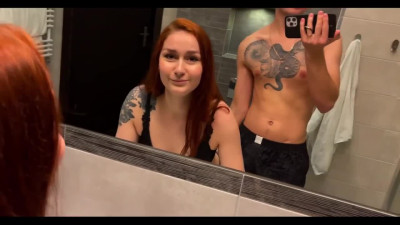 Booty redhead gets hard dick in her wet pussy and facial at bathroom