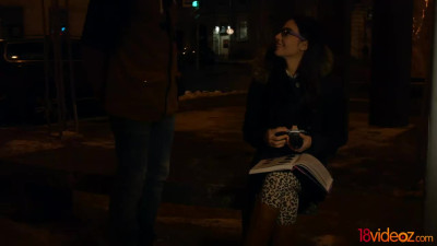 Nerdy Russian student takes cumshots on glasses on the first date