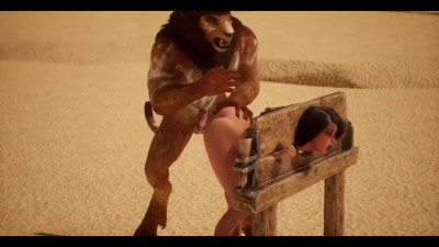 Lion fucks a young brunette in a desert