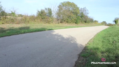 Asian gal blows off the dude's cock in the roadside - POV