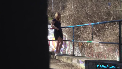 Aroused teen Chrystal Sinn flashes her pussy and gets creamed in a dingy tunnel