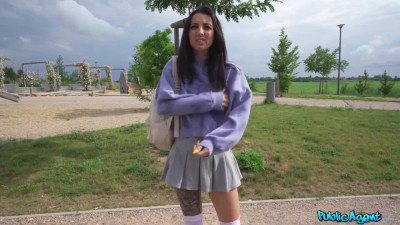 Cute brunette chick Victoria Nyx shows her boobies in public and fucks