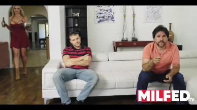 Husband is too busy watching TV to notice that his wife is cheating on him with her stepson
