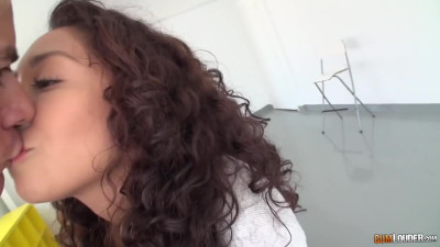 Curly teen shared between two restless big cocks