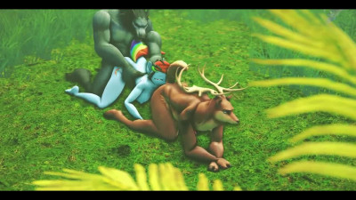 Furry in the Woods - Rainbow Dash licks a deer's ass while being pounded by a wolf