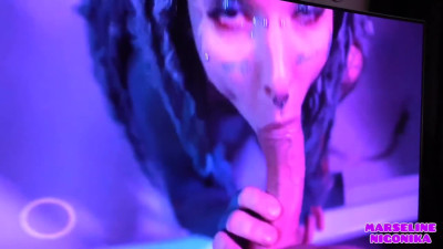 Nigonika gets fucked while Marseline doig a blowjob on TV