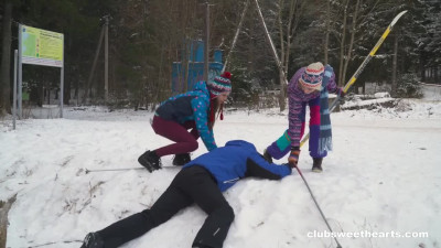 Skiing and deep FFM threesome fucking with cute Russian bunnies