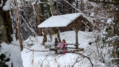 Busty teen eats stranger's sperm after quickie in winter forest