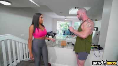 Curvy black bitch seduced her trainer and jumped on white dick
