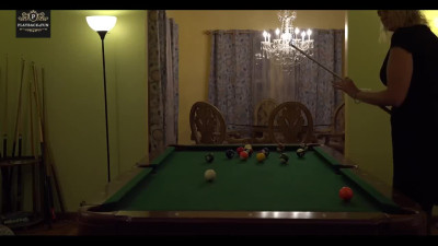 MILF wife with huge boobs is fucked and creampied on a pool table