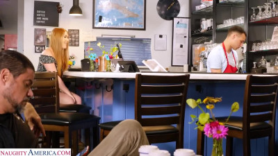 Cute redhead client Harper Red rides her barists to make their day easier.