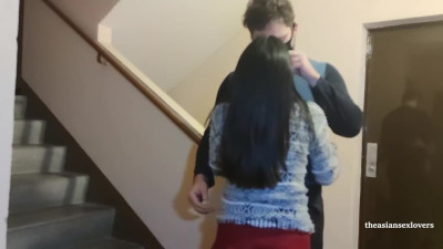Brunette Asian cutie with finest ass fucks with her buddy on the stair
