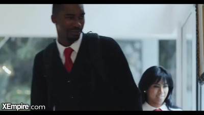 A black guy and a hot Asian babe Ember Snow take turns massaging each other