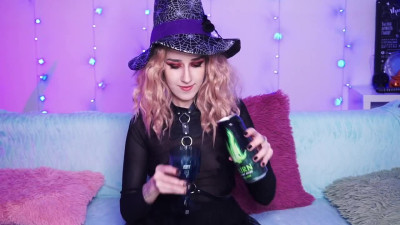 Sexy witch in stockings with hairy cunt plays with her asshole and anal dildo.
