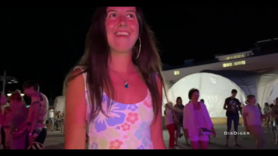 Sexy Slim Brunette Shows Me Her Bold Naked Pussy During the Night Funfair