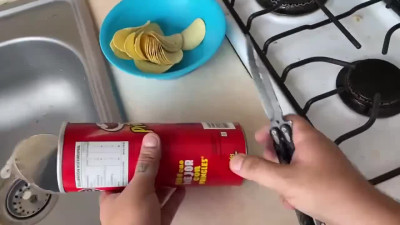 Blowjob for a cock in Pringles can prank for teen stepcousin
