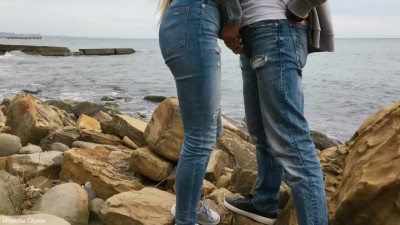 Cool girl Veronika Charm gives me a blowjob on the rocky beach