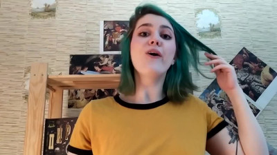 Attractive teenage girl with dyed hair sucks and swallows cum in POV