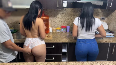 Busty Latina fucked while cooking behind her stepmom's back